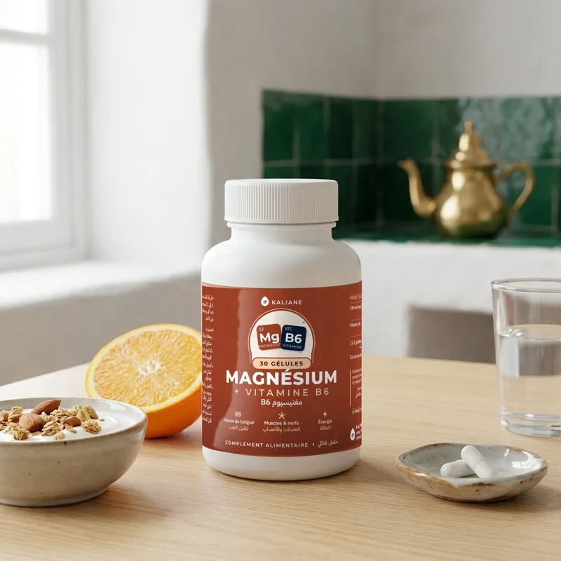 Magnésium B6 Kaliane sur une table de petit-déjeuner, avec une orange, un bol de granola, un verre d'eau et des gélules