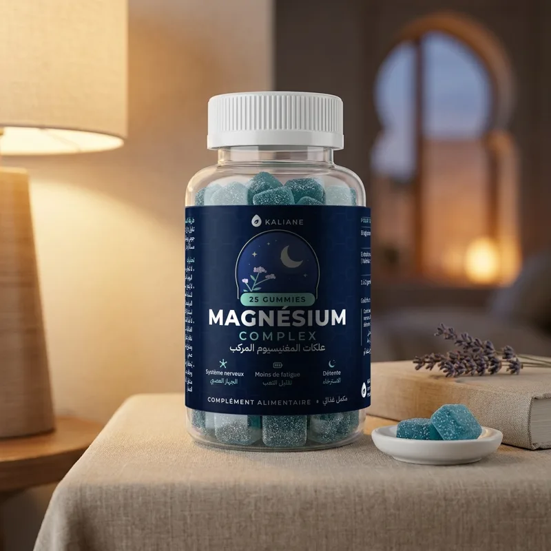 Pot de gummies au magnésium Kaliane sur une table de chevet, lampe allumée, brins de lavande et gummies dans une coupelle