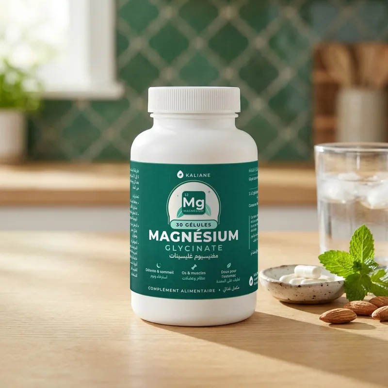 Magnésium glycinate Kaliane sur un plan de travail en bois, avec un verre d'eau, de la menthe et des amandes, zellige vert en fond