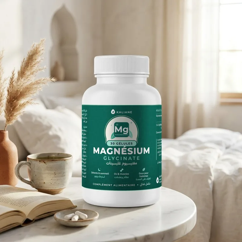 Flacon de magnésium glycinate Kaliane sur une table de chevet en marbre, à côté d'une tasse et d'un livre ouvert