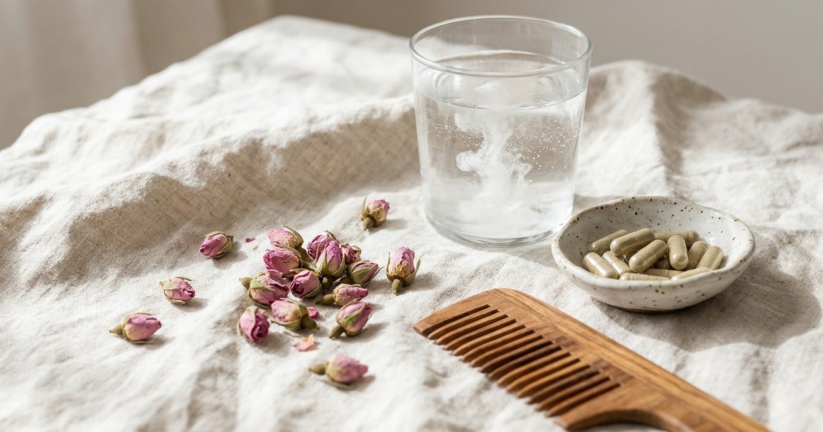 Boutons de rose séchés, peigne en bois, coupelle de gélules et verre d'eau sur un drap de lin