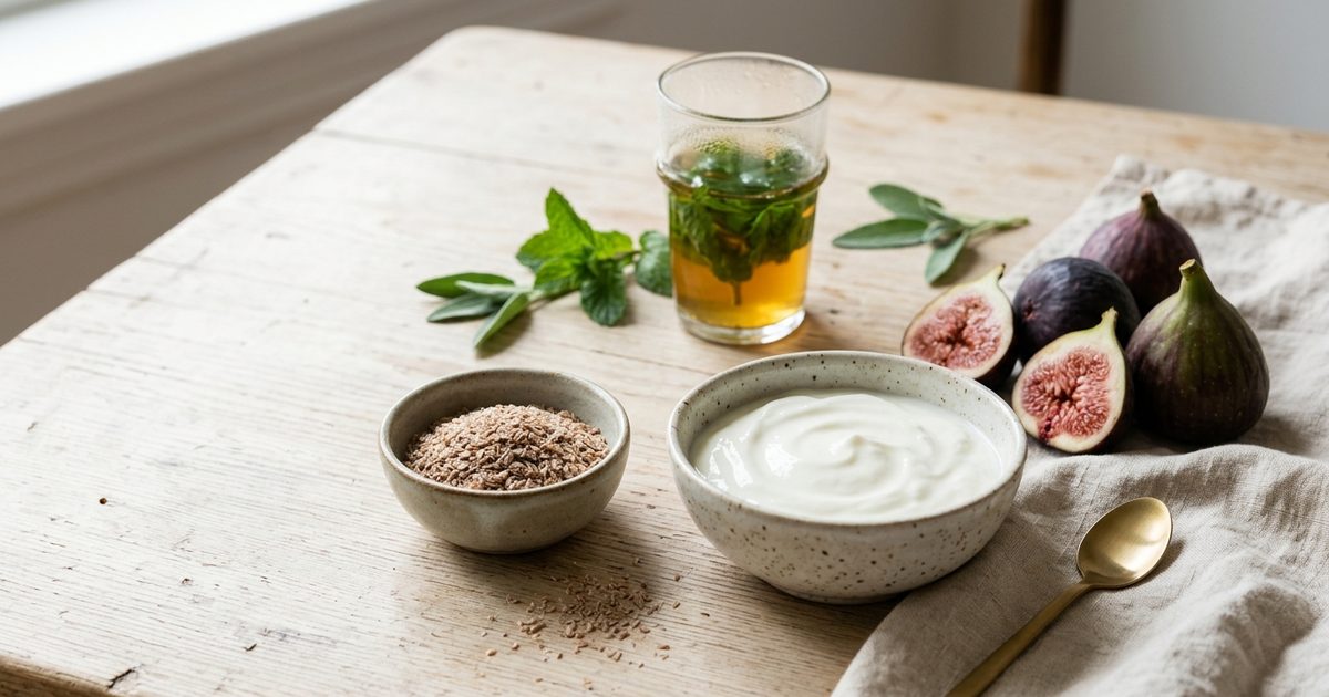 Yaourt, graines de psyllium, figues fraîches et thé à la menthe sur une table en bois