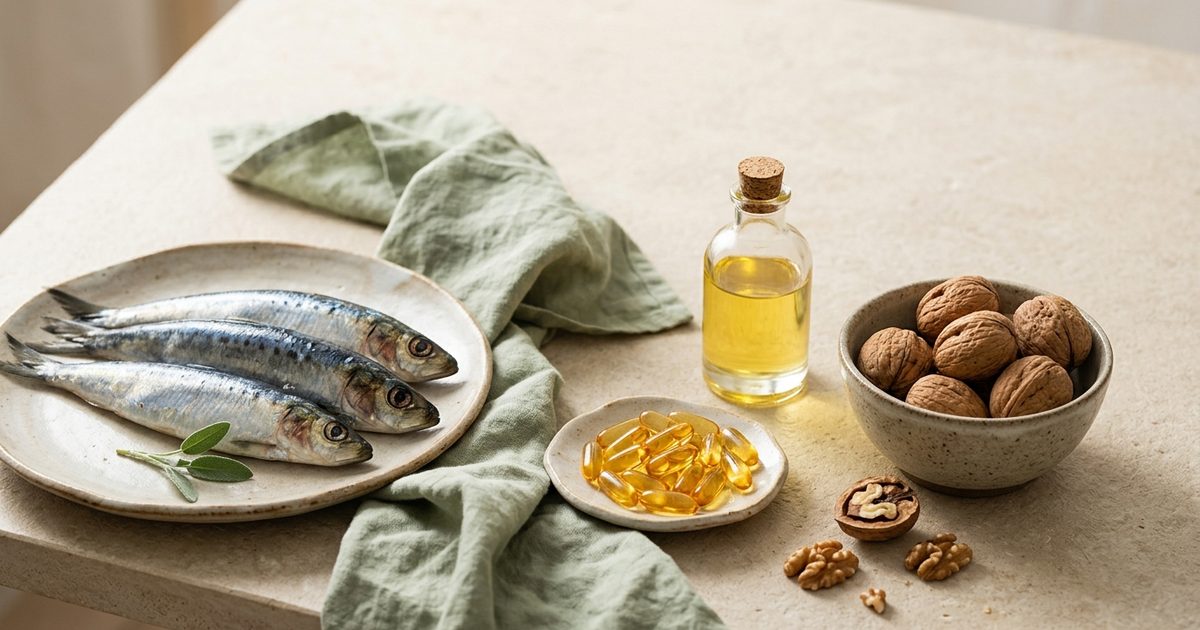Sardines sur une assiette, noix, petit flacon d'huile et capsules dorées sur une table claire