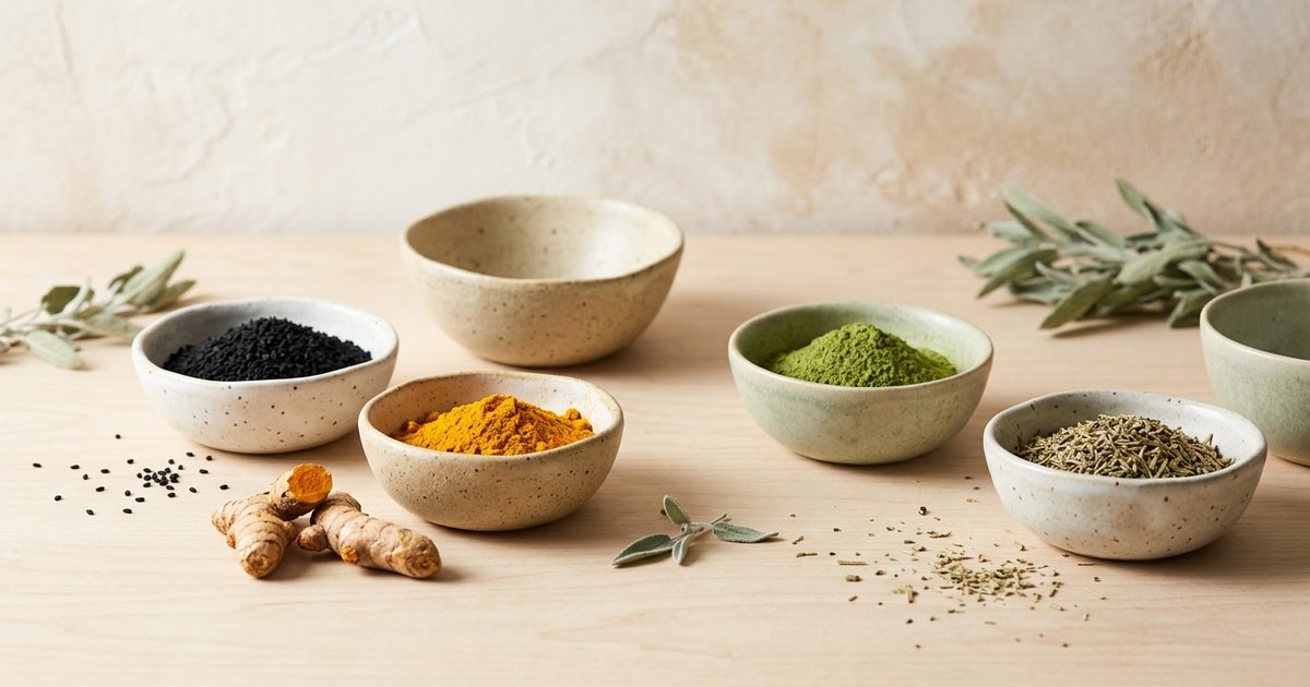 Coupelles de nigelle, de curcuma, de moringa en poudre et de graines, avec du curcuma frais et de la sauge