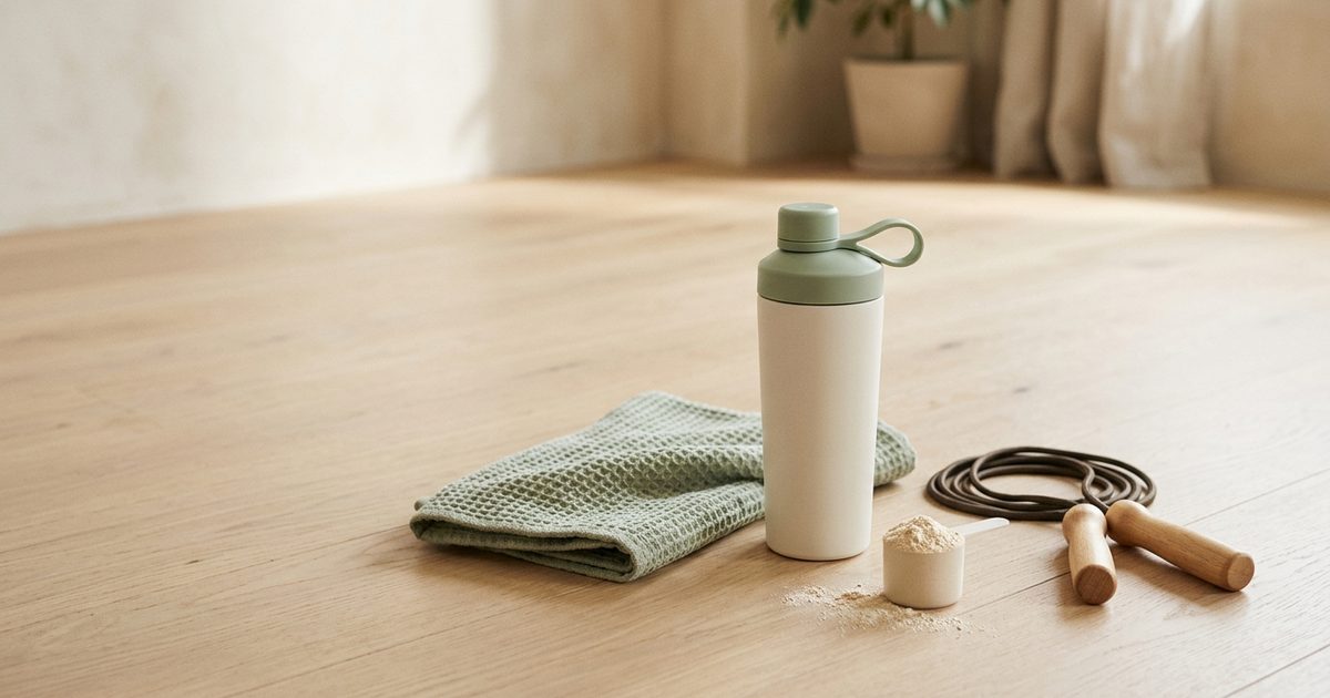 Shaker, serviette verte, corde à sauter et cuillère doseuse sur un parquet clair