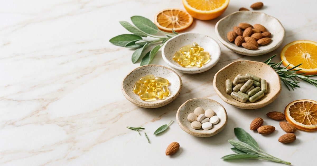 Coupelles de gélules, de capsules et de comprimés entourées d'amandes, d'oranges séchées et de sauge sur du marbre